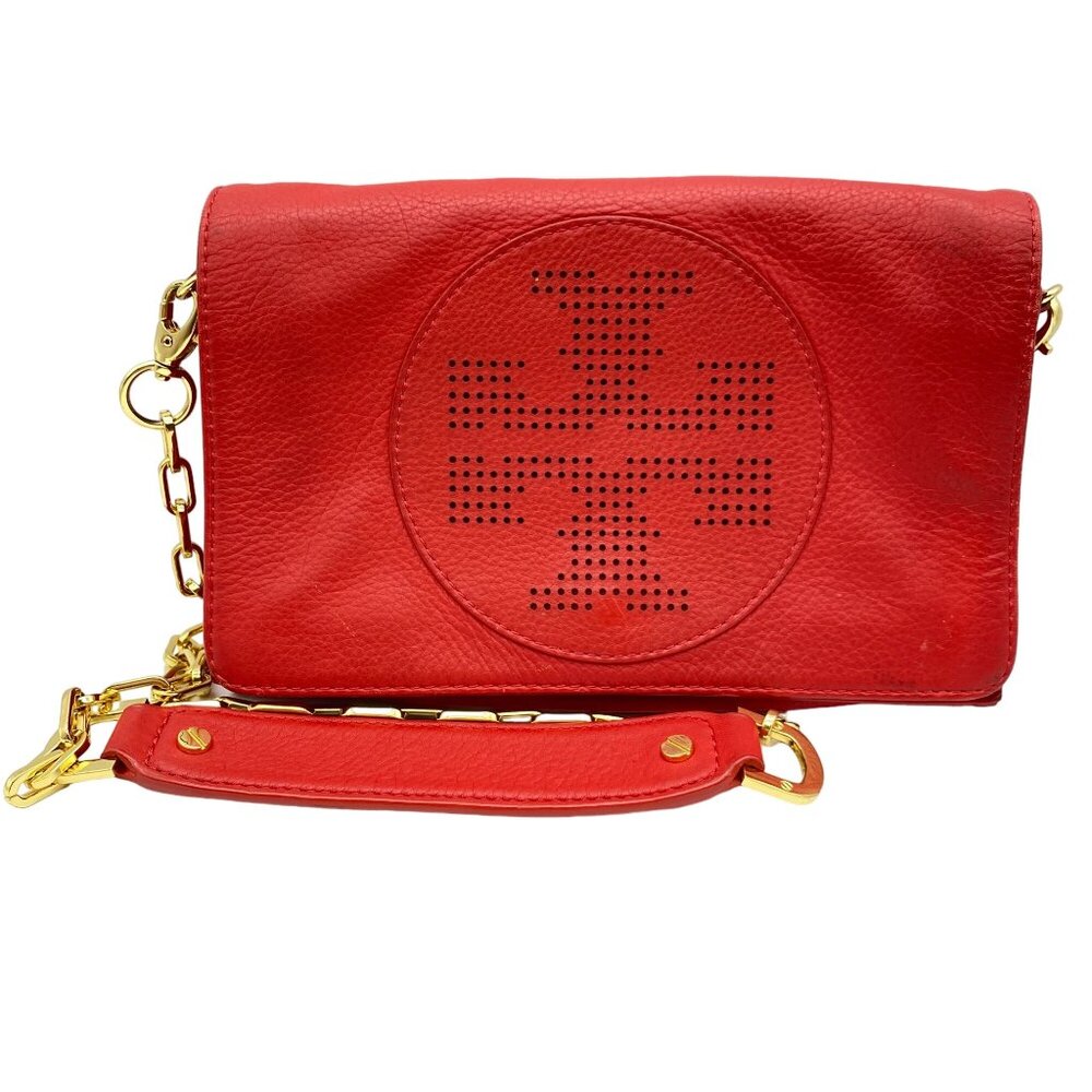Tory Burch Kipp perforated Logo convertible clutch crossbody purse red pebbled l